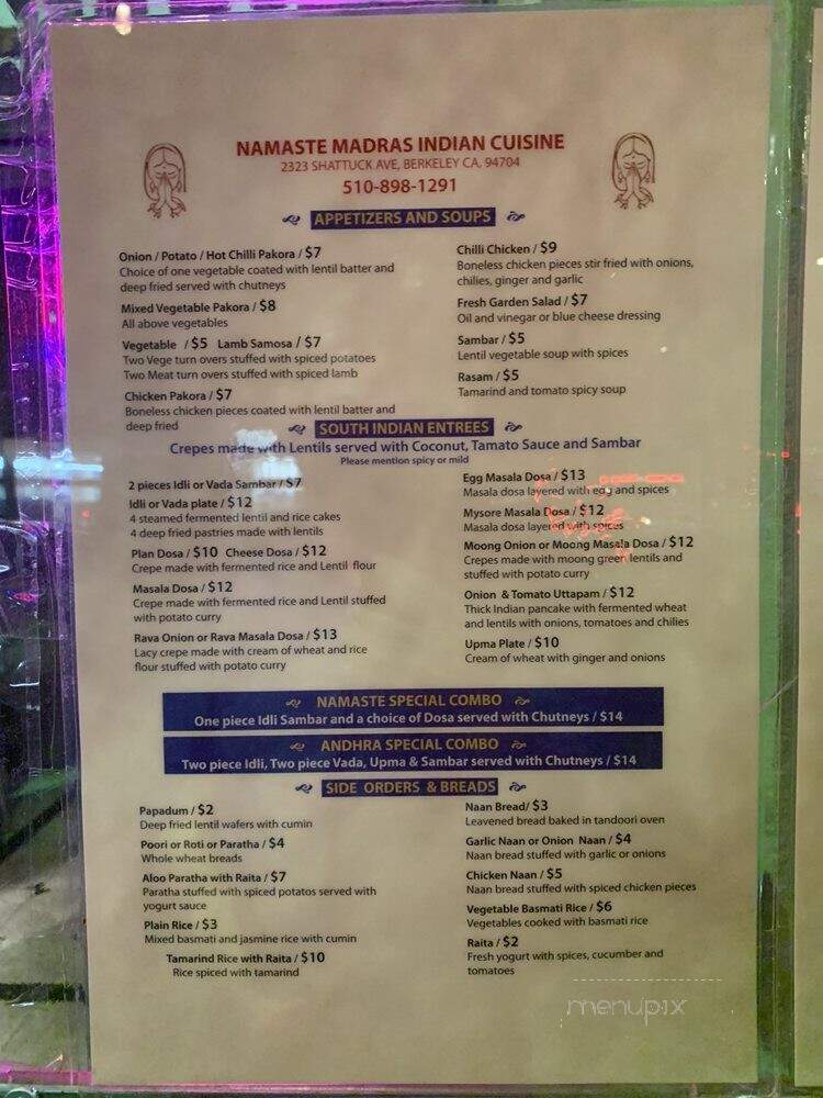 Namaste Madras Cuisine - Berkeley, CA menu_pic