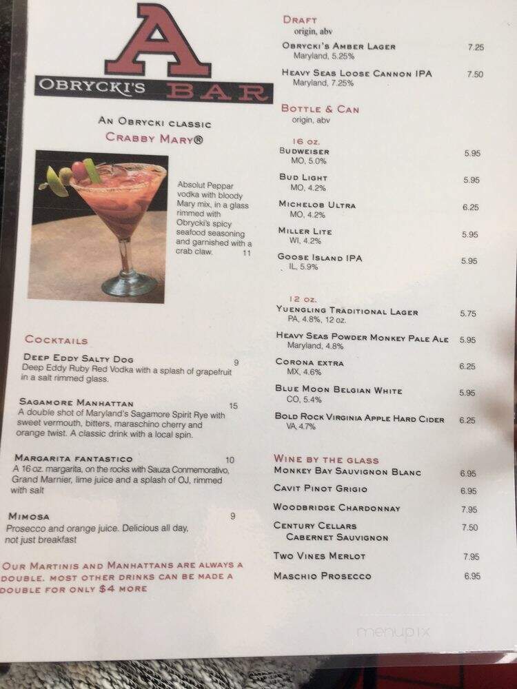 Obrycki's A-Bar - Baltimore, MD menu_pic