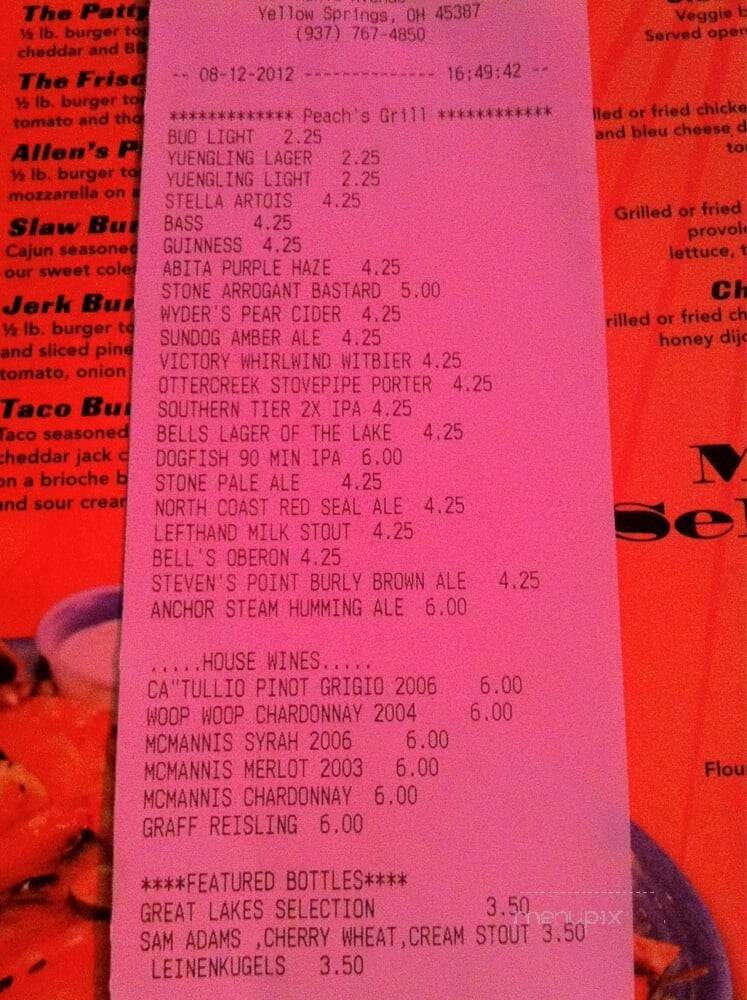 Peachs Grill - Yellow Springs, OH menu_pic