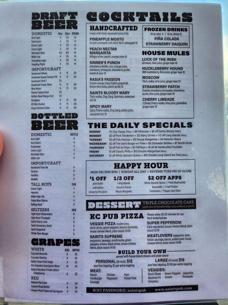 Saints Pub & Patio - Independence, MO menu_pic