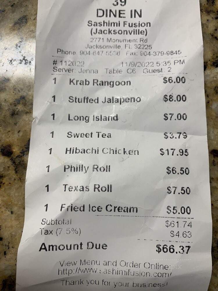 Sashimi Fusion - Jacksonville, FL menu_pic