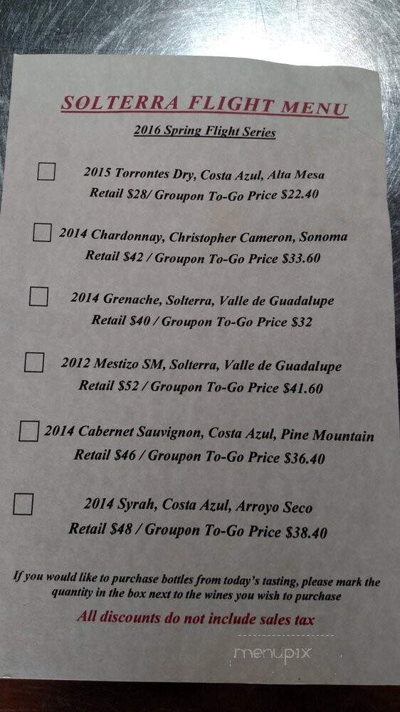 Solterra Winery and Kitchen - Encinitas, CA menu_pic