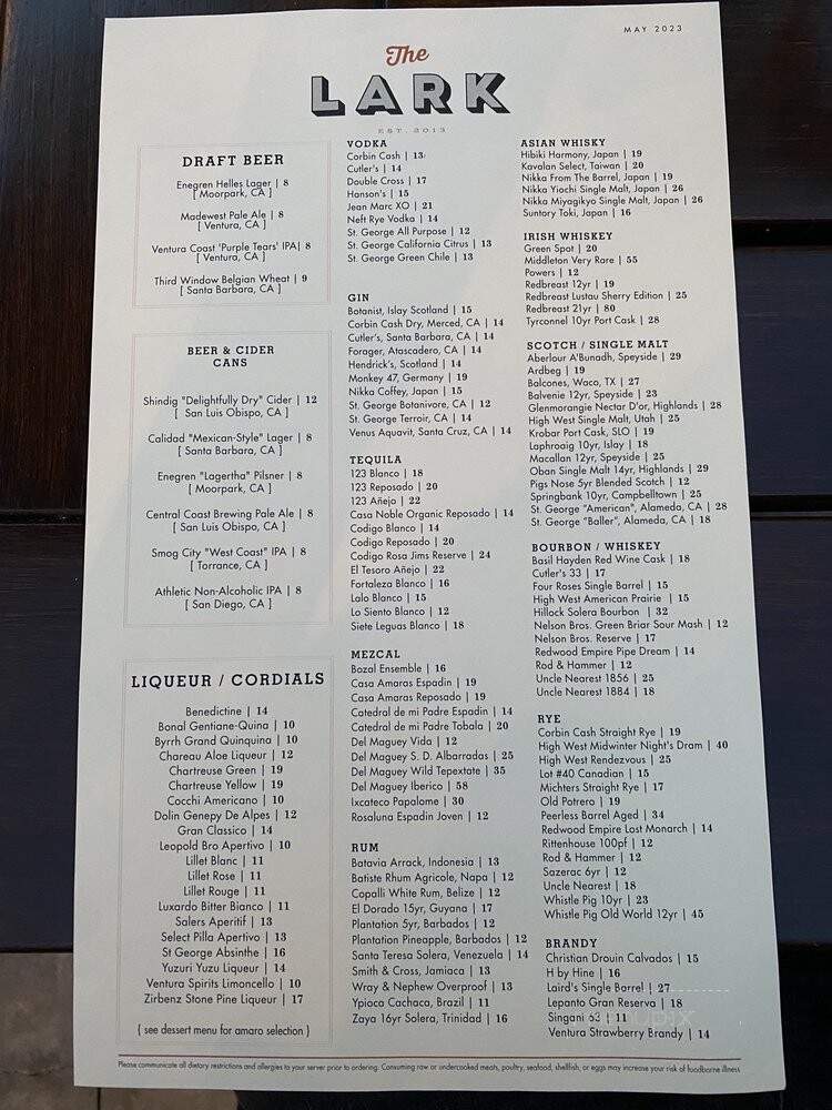The Lark - Santa Barbara, CA menu_pic
