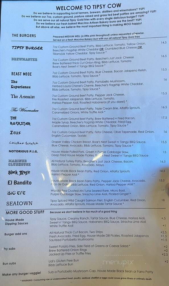 Tipsy Cow Burger Bar - Redmond, WA menu_pic