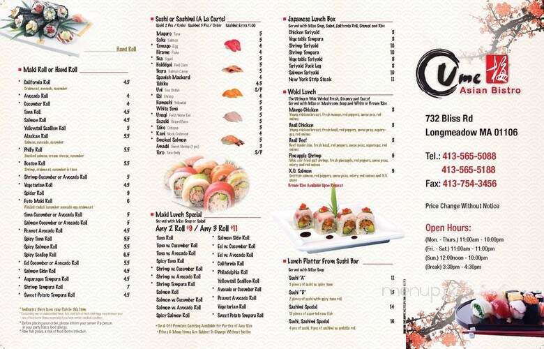 Ume Asian Bistro - Longmeadow, MA menu_pic