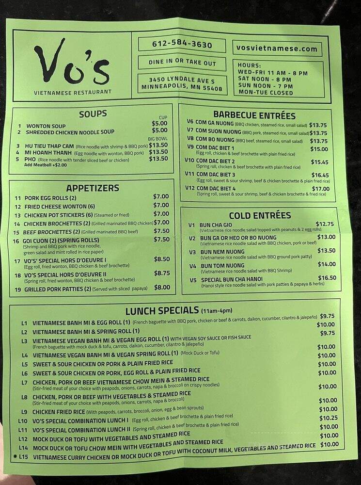 Vo's Vietnamese Restaurant - Minneapolis, MN menu_pic