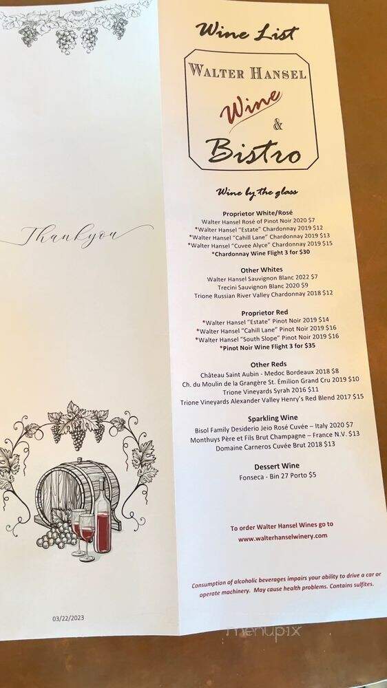 Walter Hansel Wine & Bistro - Santa Rosa, CA menu_pic