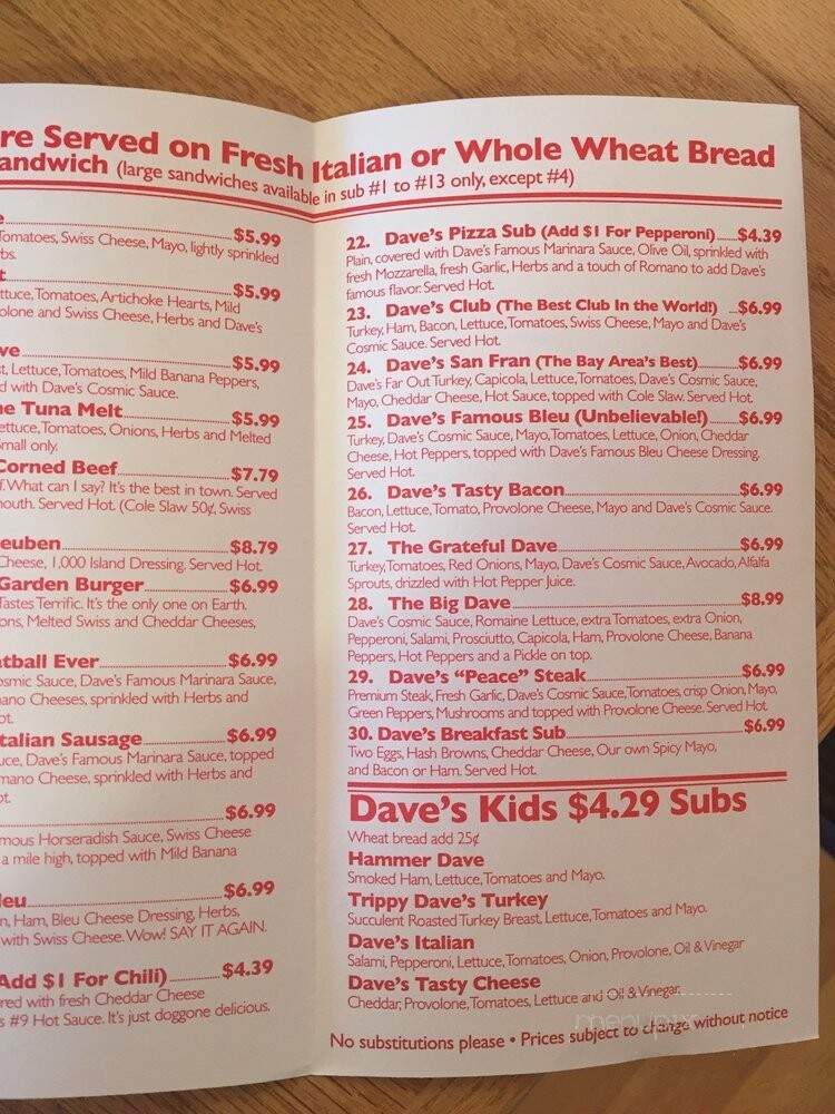 Dave's Cosmic Subs - Elyria, OH menu_pic