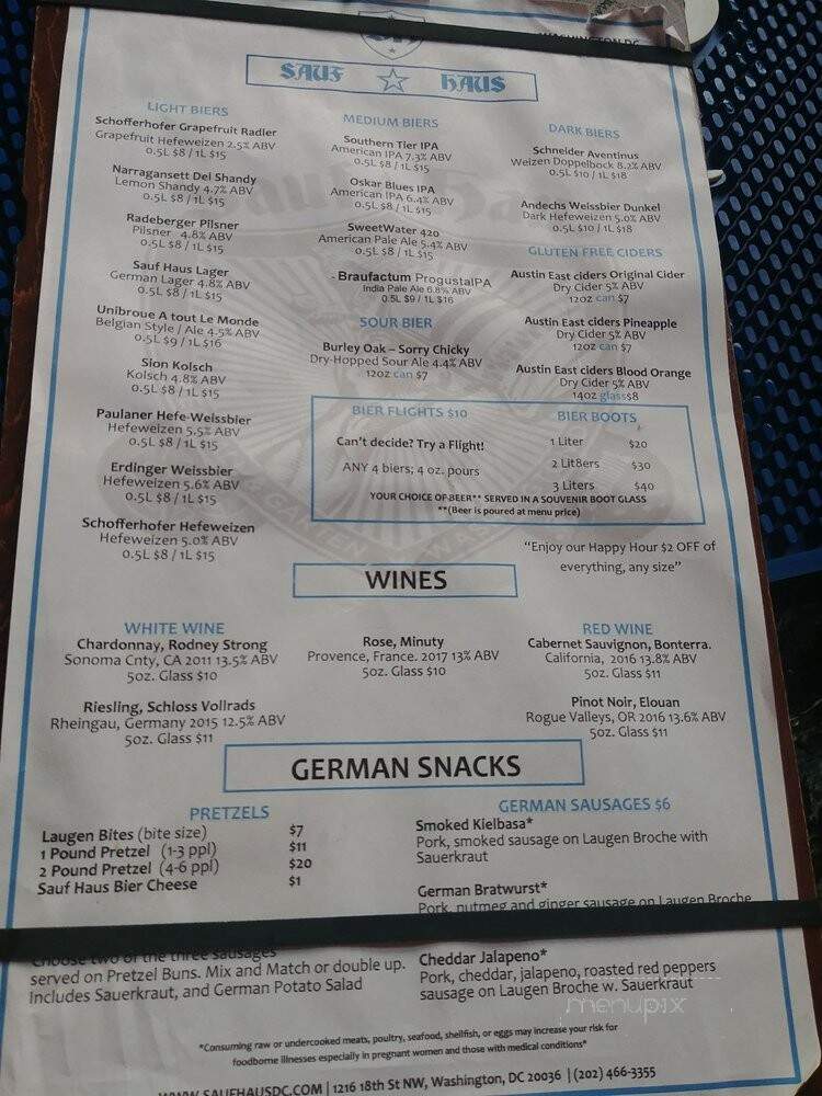 Sauf Haus Bier Hall - Washington, DC menu_pic