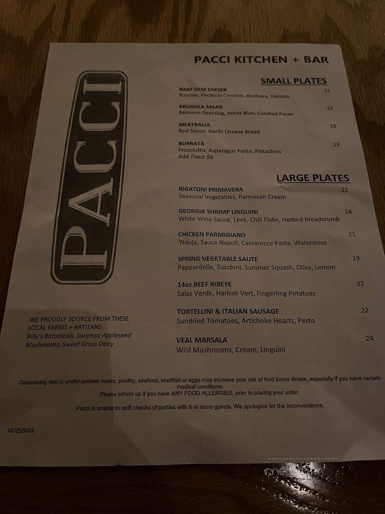 Pacci Italian Kitchen & Bar - Savannah, GA menu_pic