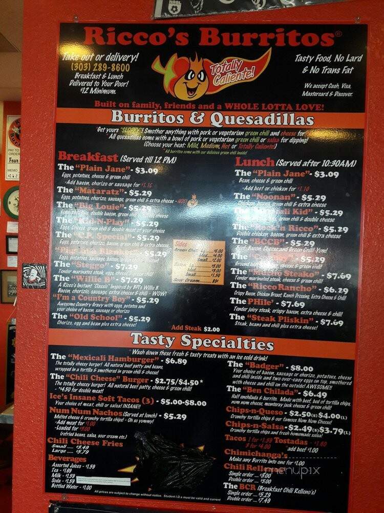 Riccos Burritos - Denver, CO menu_pic