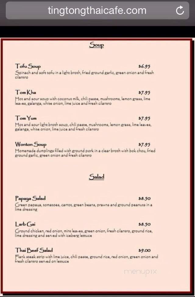 Ting Tong Thai Cafe - Kent, WA menu_pic
