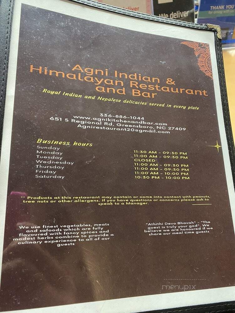 Agni Indian Kitchen & Bar - Greensboro, NC menu_pic