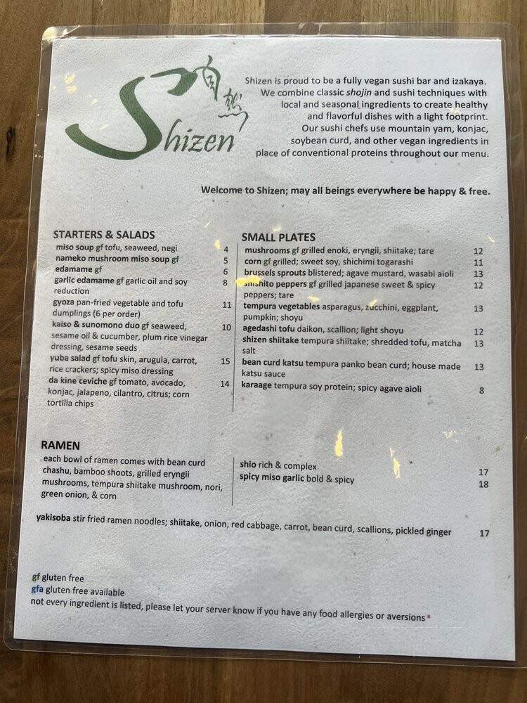 Shizen Vegan Sushi Bar & Izakaya - San Francisco, CA menu_pic