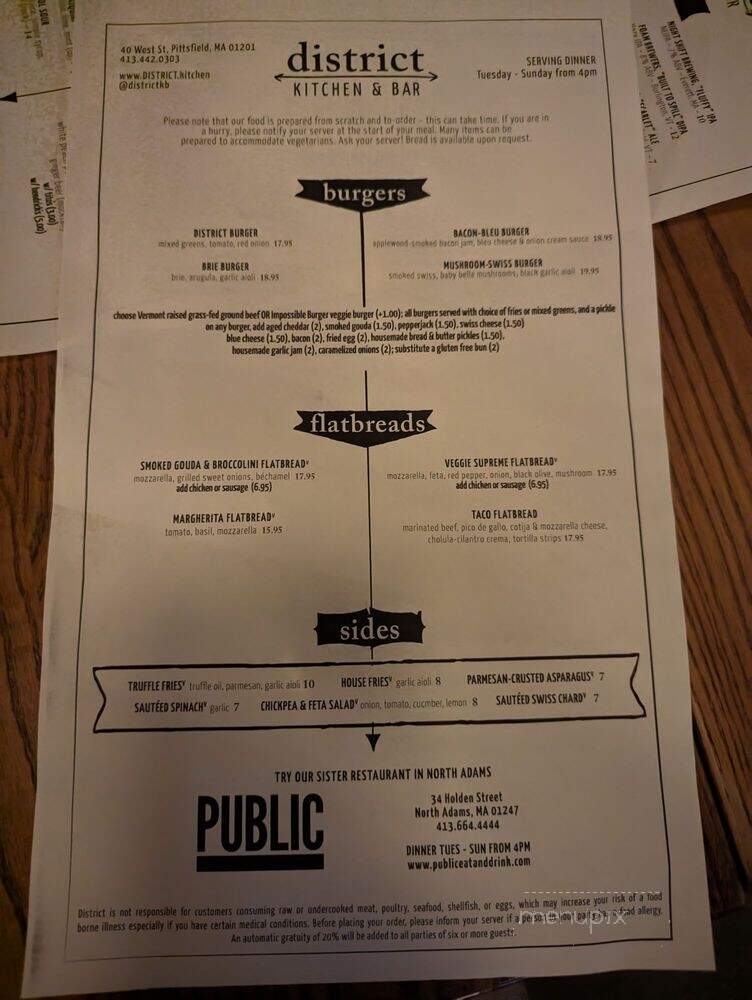 District Kitchen & Bar - Pittsfield, MA menu_pic