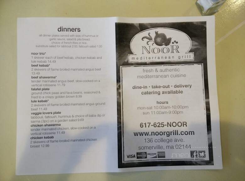 Noor Mediterranean Grill - Somerville, MA menu_pic
