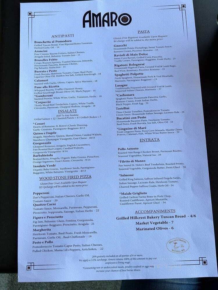 Amaro Bistro - Bothell, WA menu_pic
