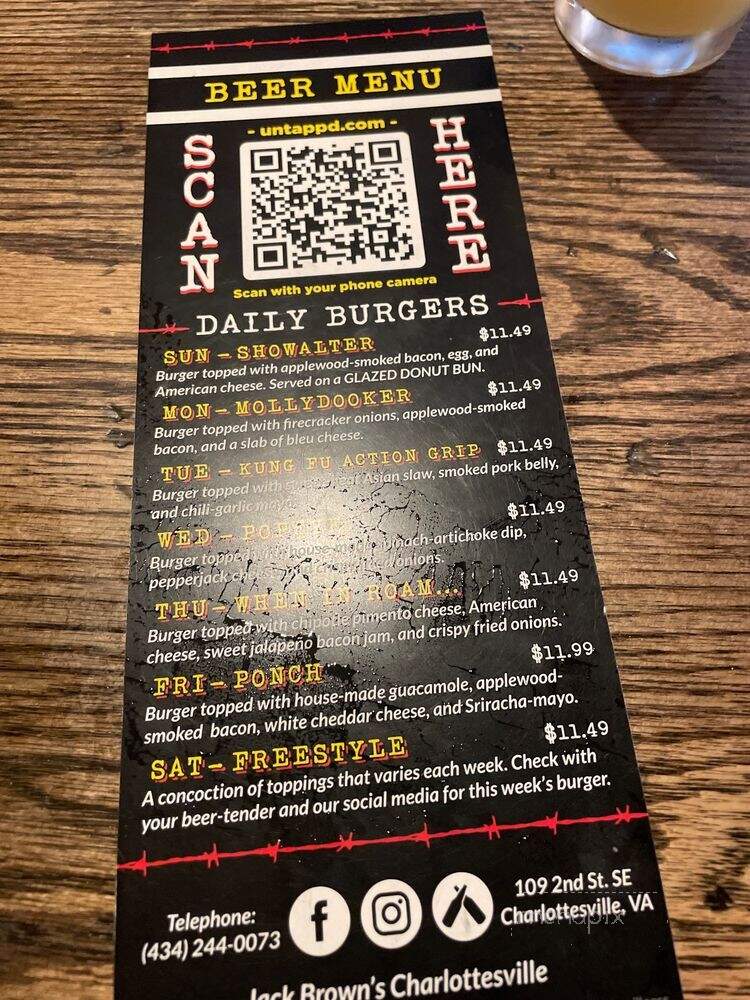 Jack Brown's Beer & Burger Joint - Charlottesville, VA menu_pic