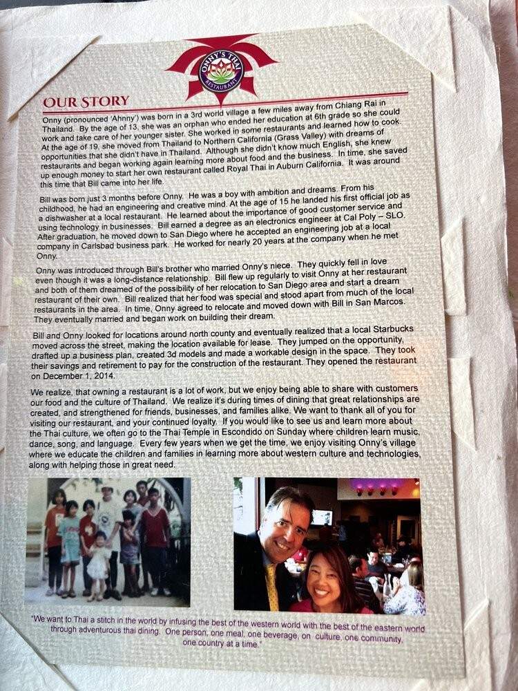 Onny's Thai - San Marcos, CA menu_pic