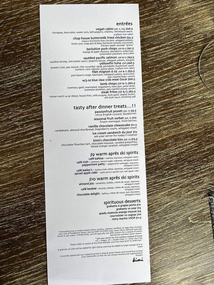Kimi's Chop & Oyster House - Salt Lake City, UT menu_pic