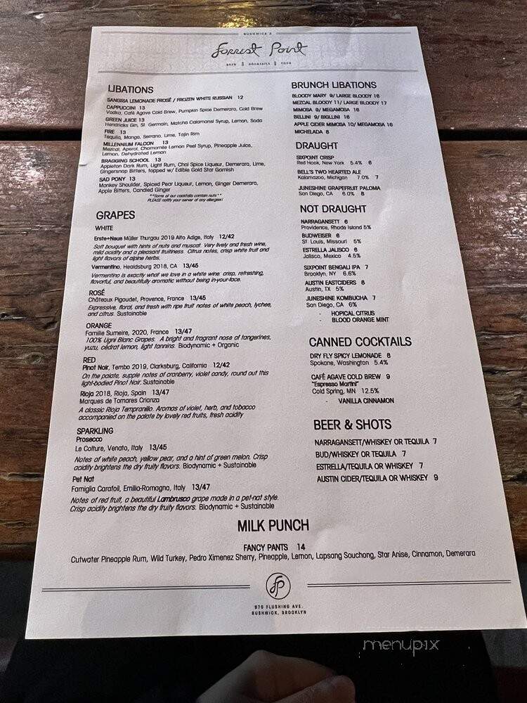 Forrest Point - Brooklyn, NY menu_pic