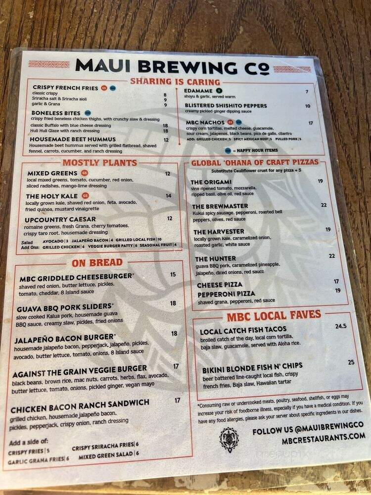 Maui Brewing Co. Tasting Room - Kihei, HI menu_pic