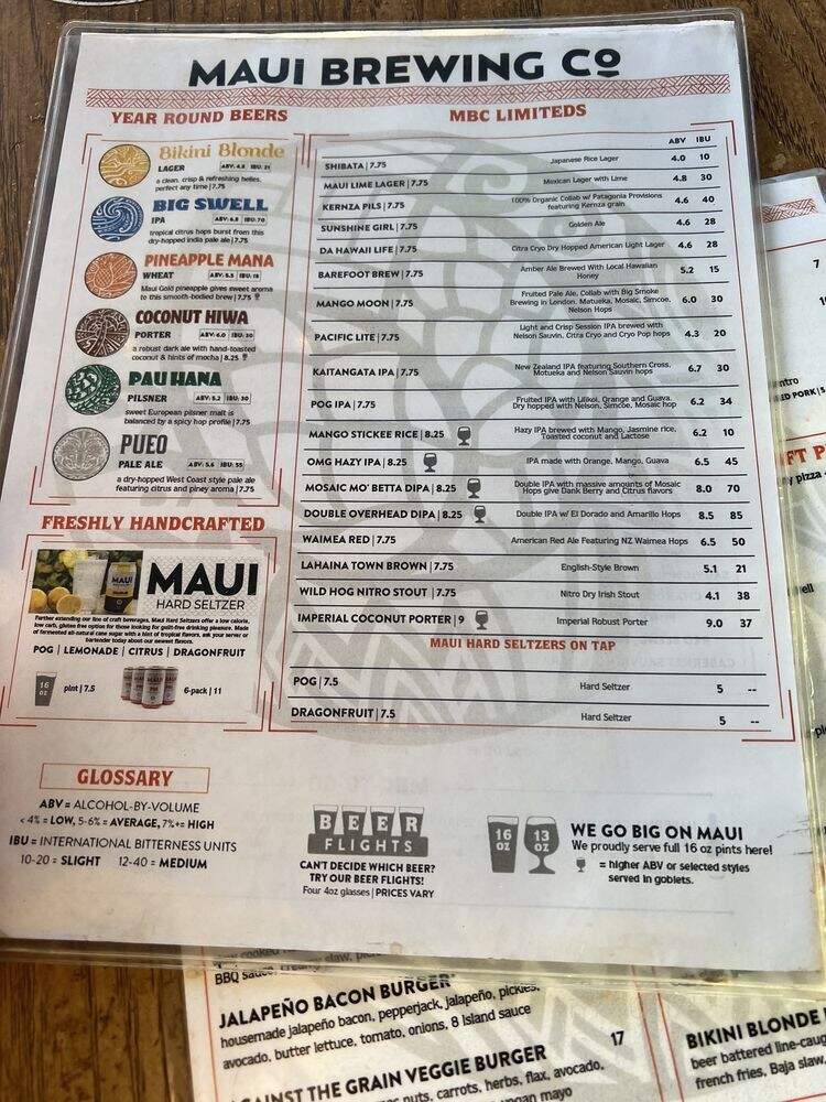 Maui Brewing Co. Tasting Room - Kihei, HI menu_pic