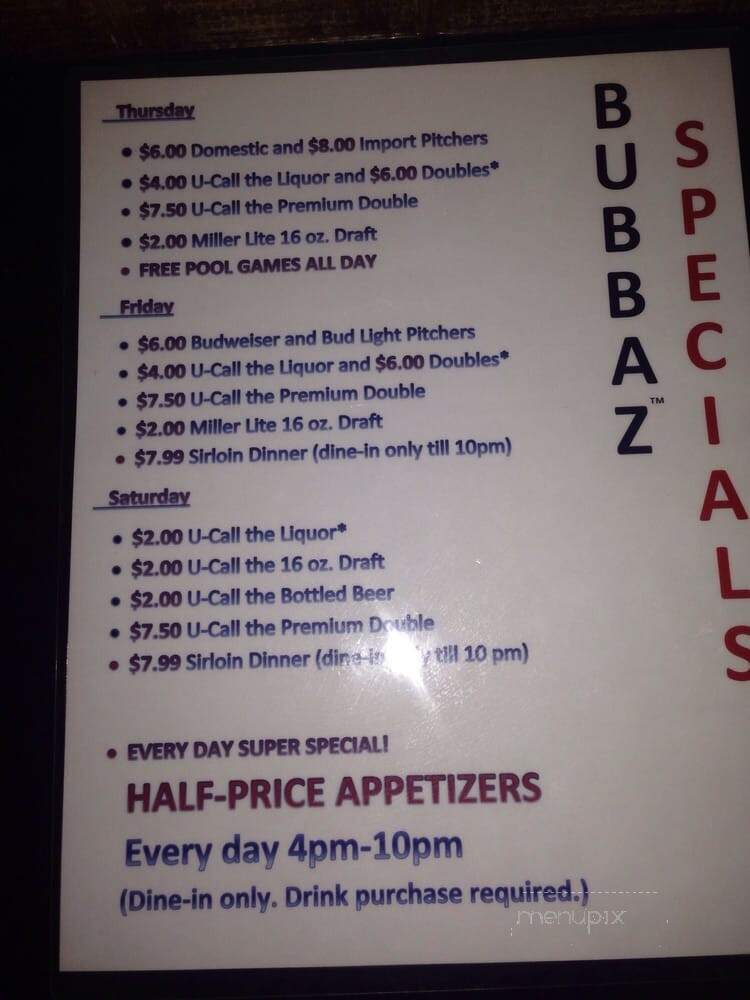 Bubbaz Bar and Grill - Indianapolis, IN menu_pic