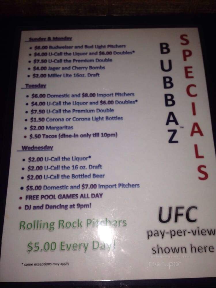 Bubbaz Bar and Grill - Indianapolis, IN menu_pic