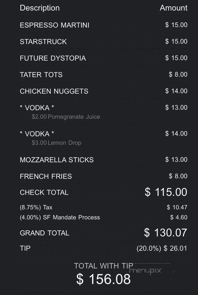 Alchemist Bar & Lounge - San Francisco, CA menu_pic