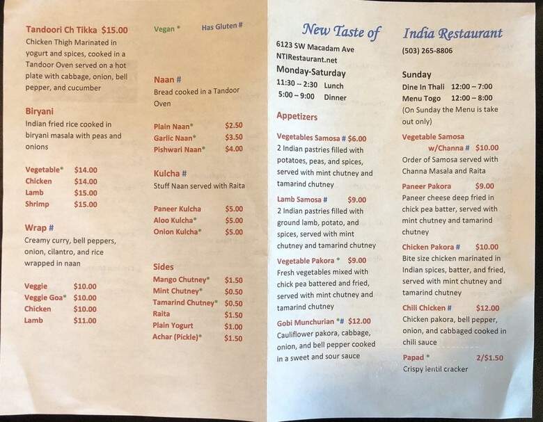 New Taste of India - Portland, OR menu_pic