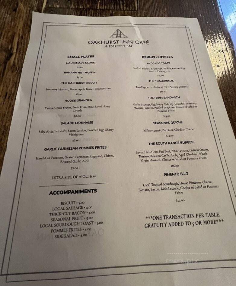 Oakhurst Inn Cafe and Coffee - Charlottesville, VA menu_pic