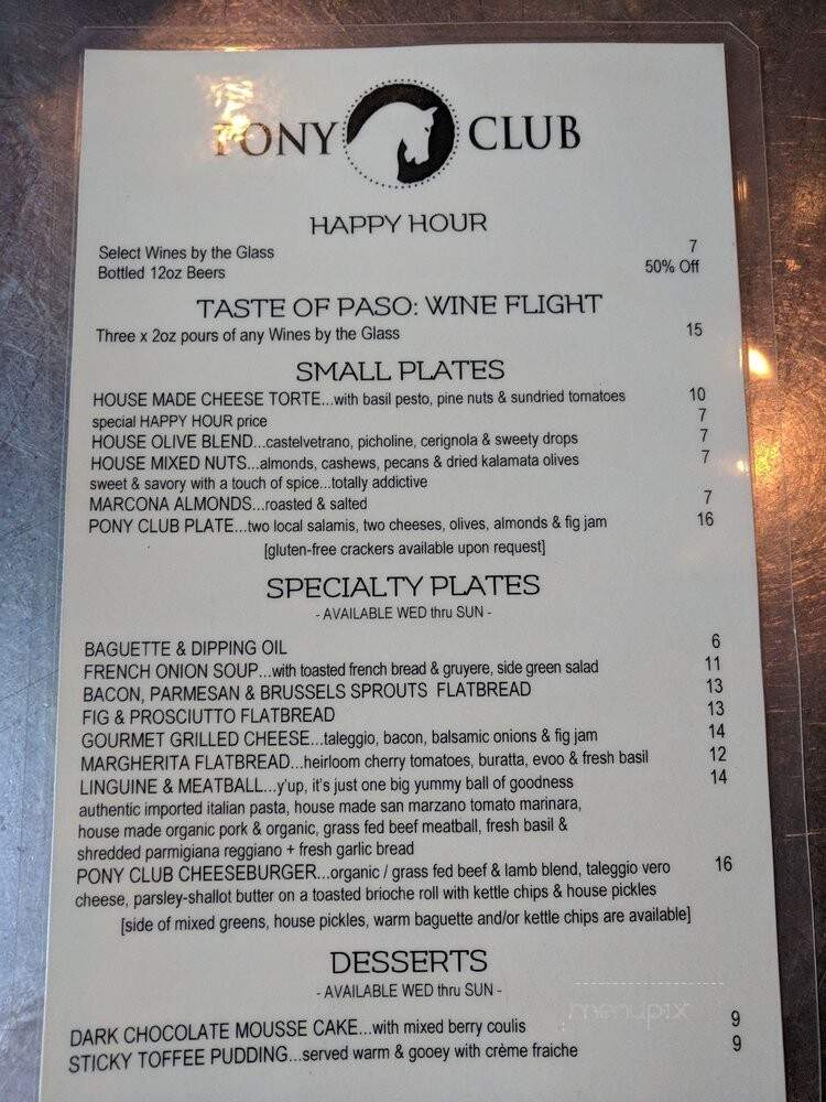 Pony Club Bar - Paso Robles, CA menu_pic