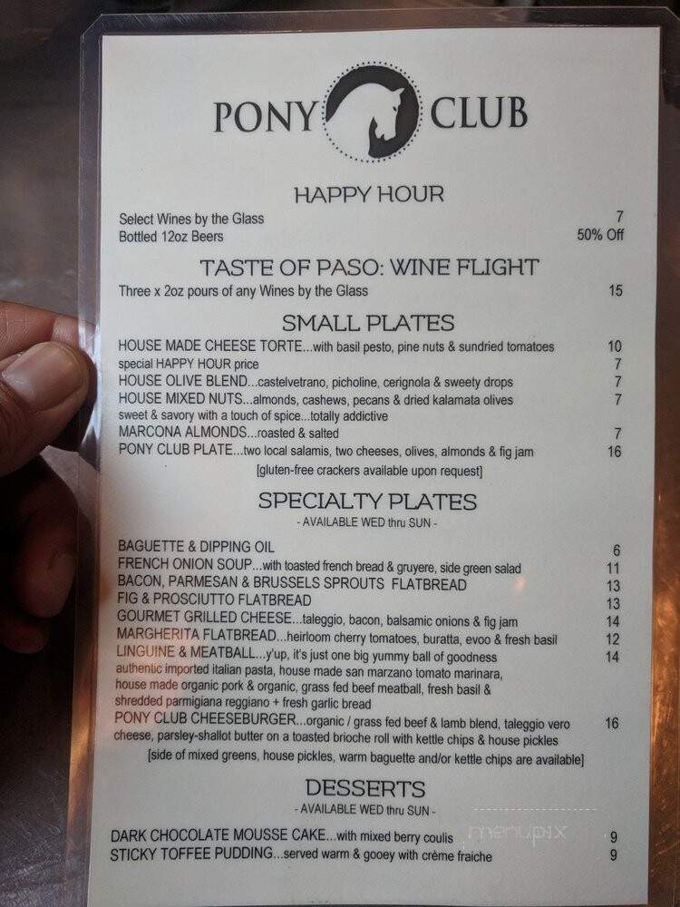 Pony Club Bar - Paso Robles, CA menu_pic