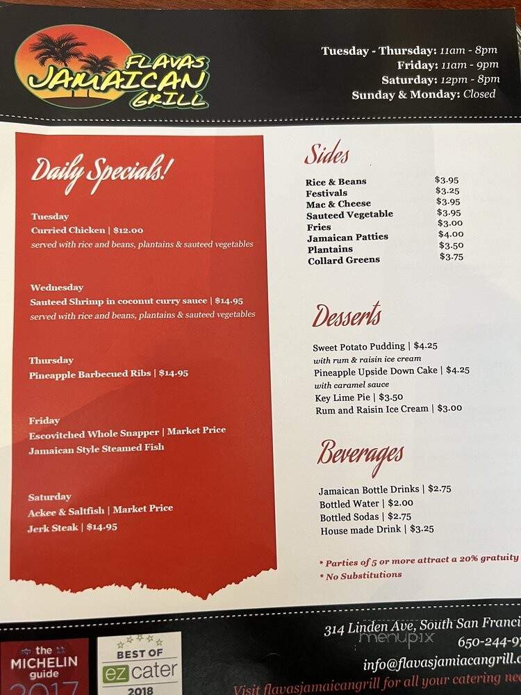 Flavas Jamaican Grill - South San Francisco, CA menu_pic