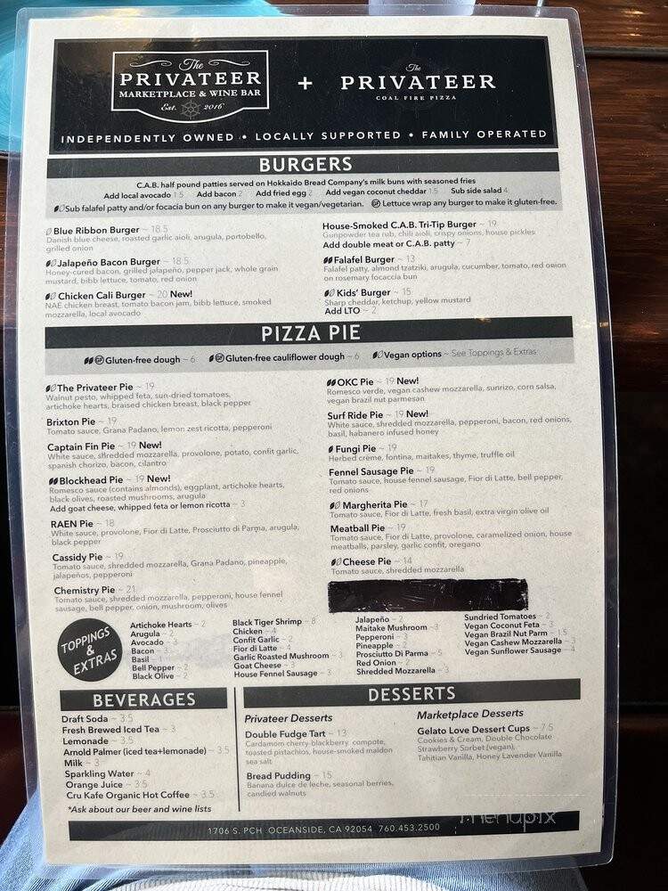 The Privateer Coal Fire Pizza - Oceanside, CA menu_pic