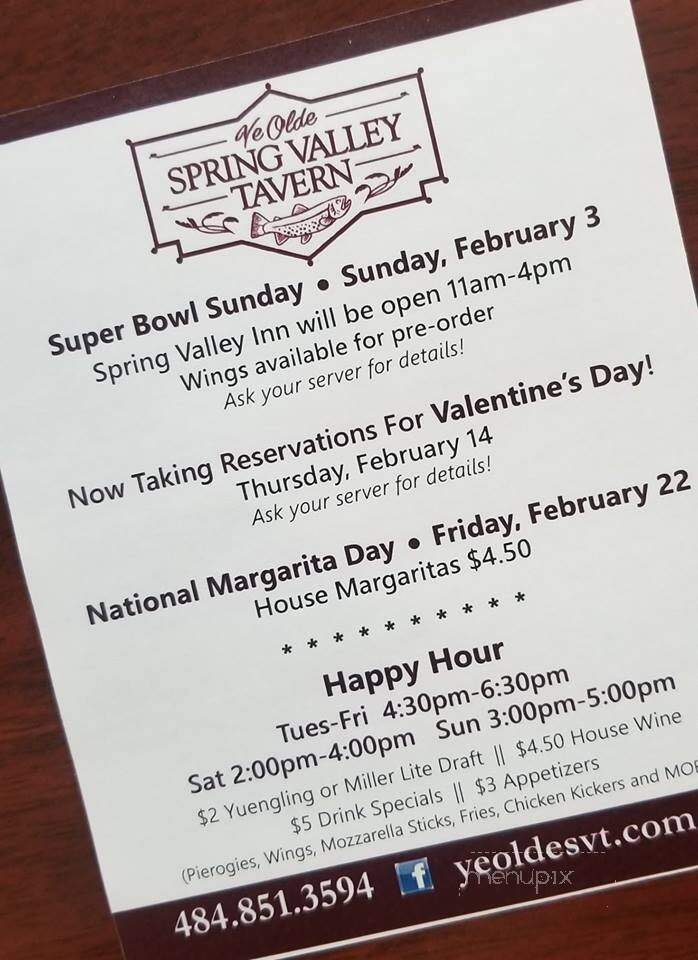Ye Olde Spring Valley Tavern - Center Valley, PA menu_pic