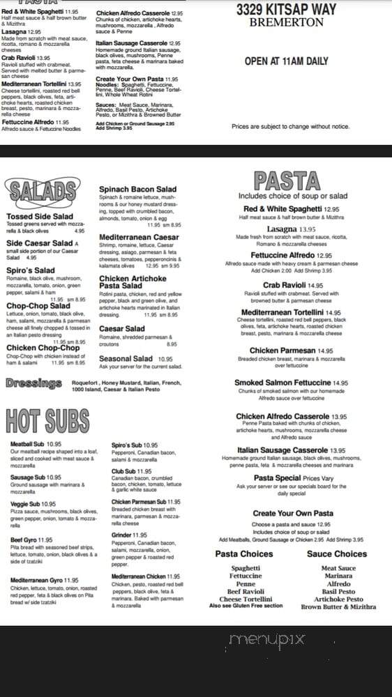 Spiro's Pizza and Pasta - Bremerton, WA menu_pic