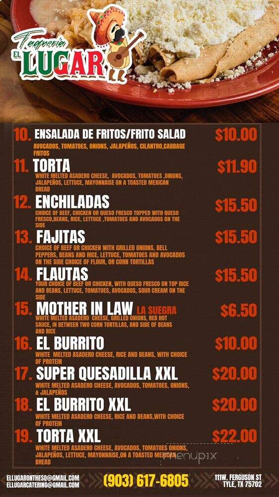 Taqueria El Lugar on the Square - Tyler, TX menu_pic