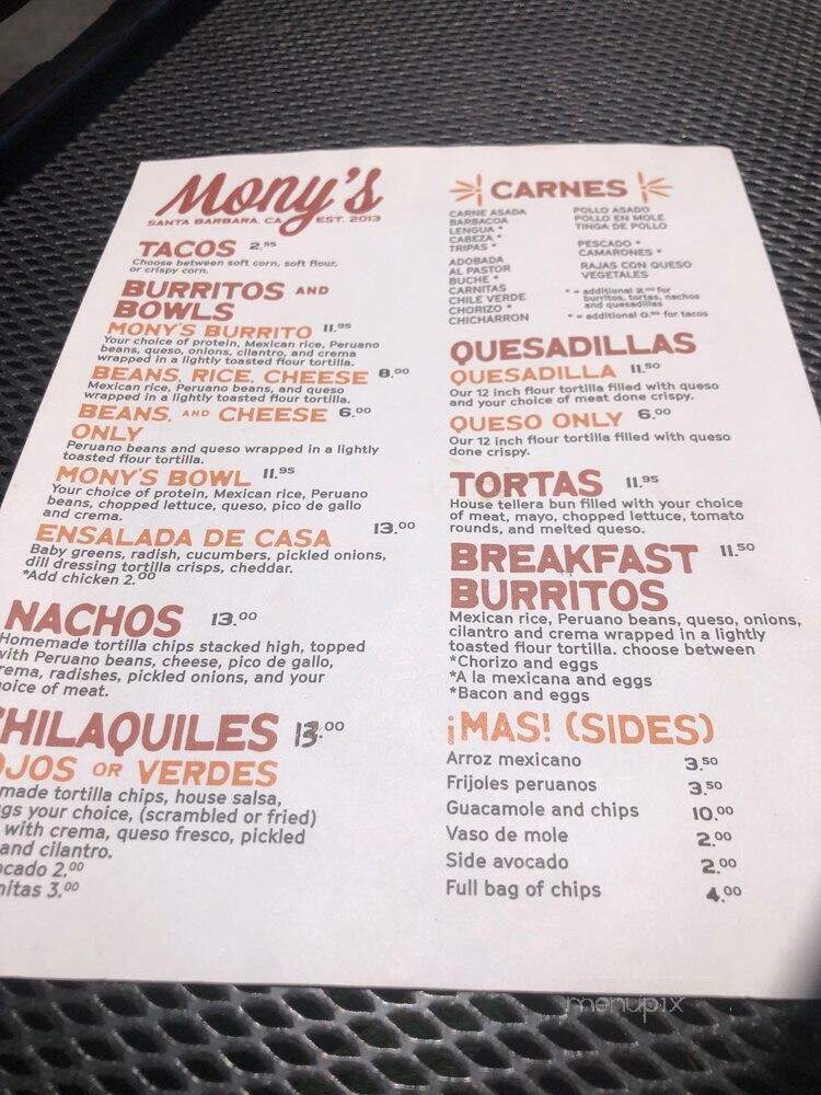 Mony's - Santa Barbara, CA menu_pic