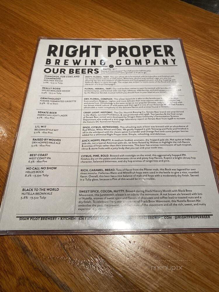 Right Proper Brewing Company - Washington, DC menu_pic