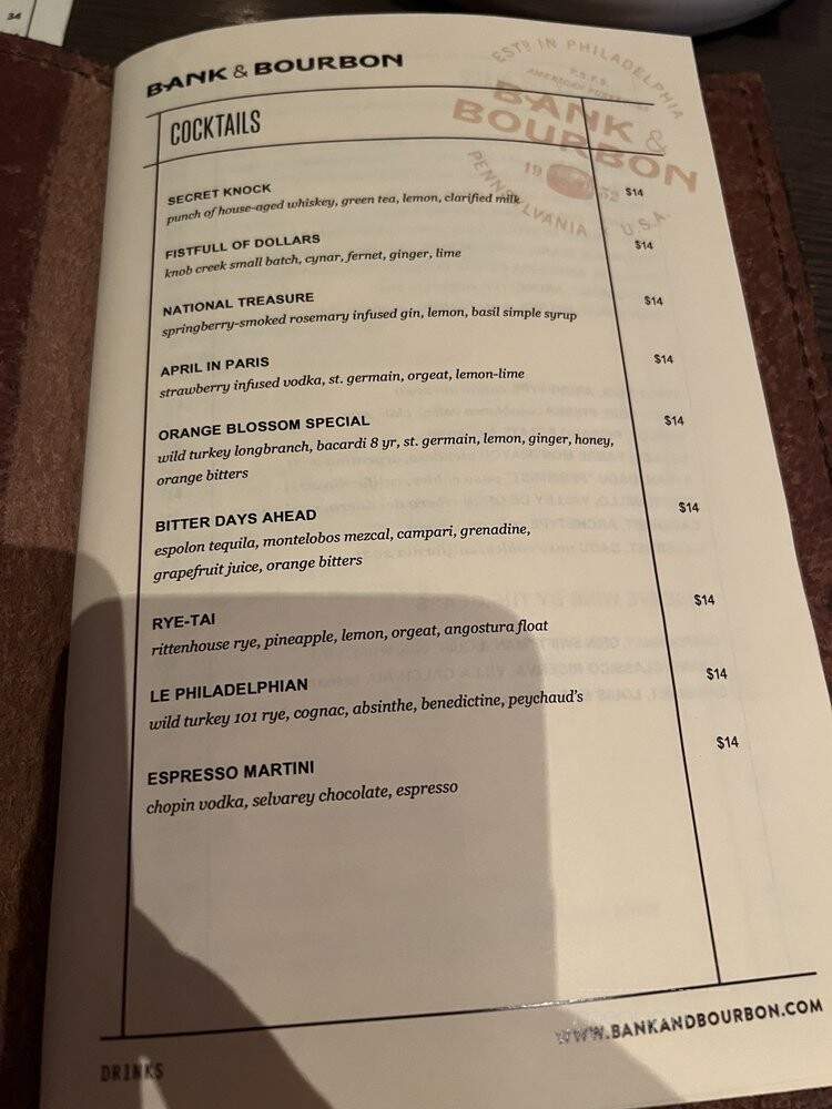 Bank & Bourbon - Philadelphia, PA menu_pic