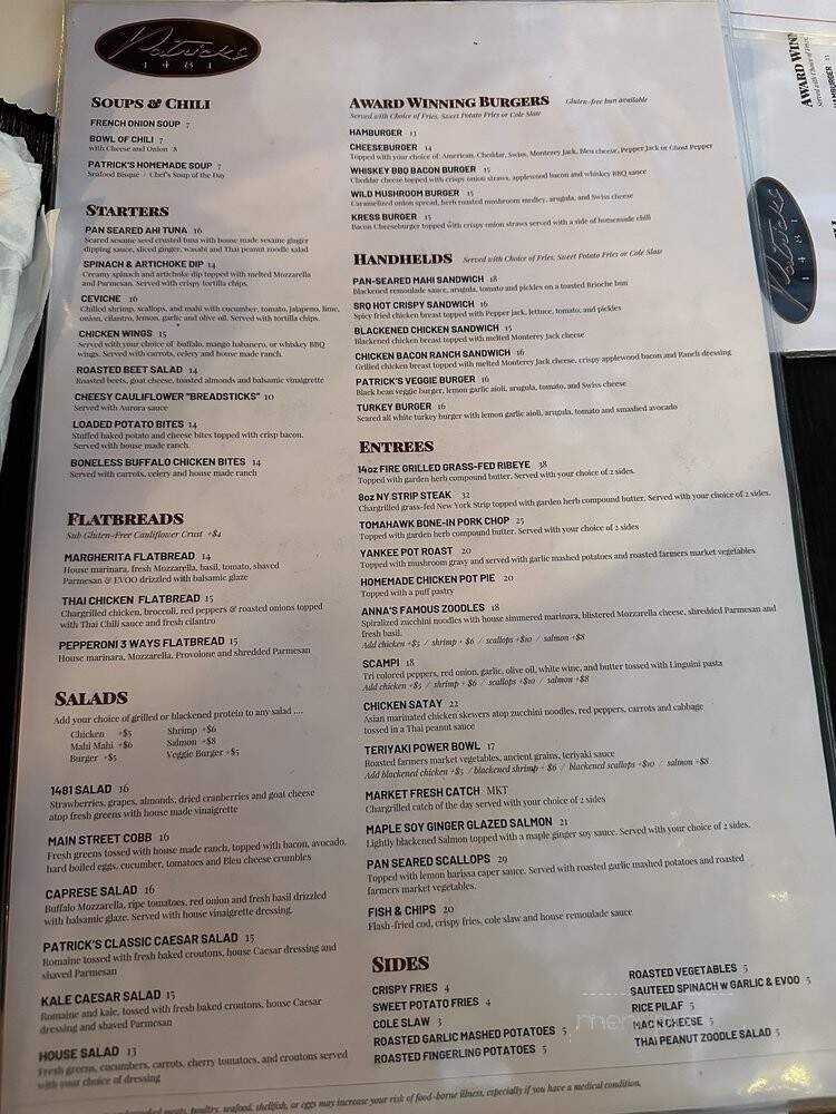 Patricks 1481 - Sarasota, FL menu_pic