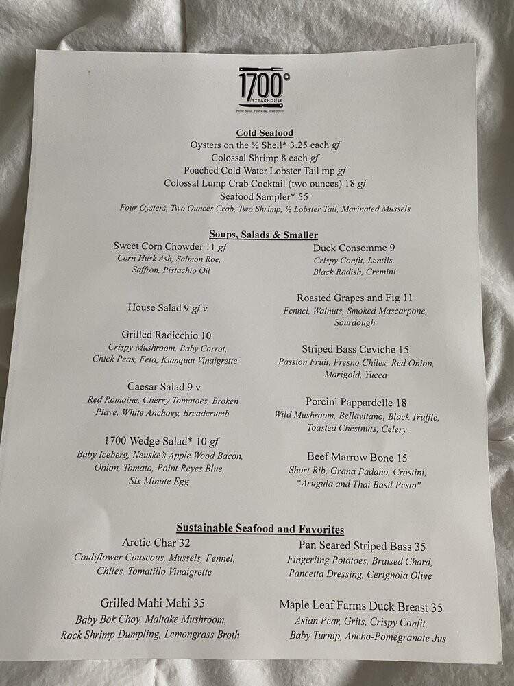 1700 Steakhouse - Harrisburg, PA menu_pic