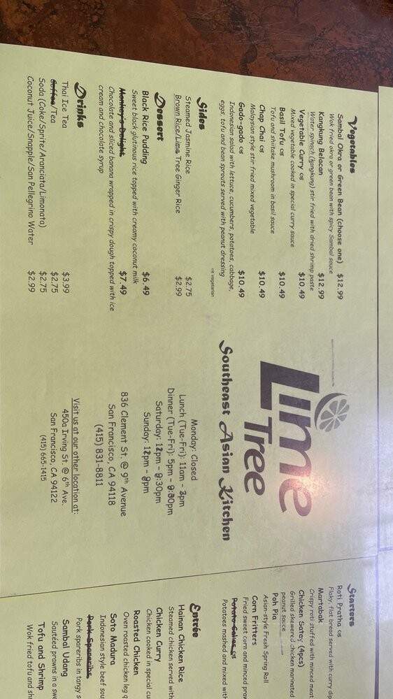 Lime Tree - San Francisco, CA menu_pic