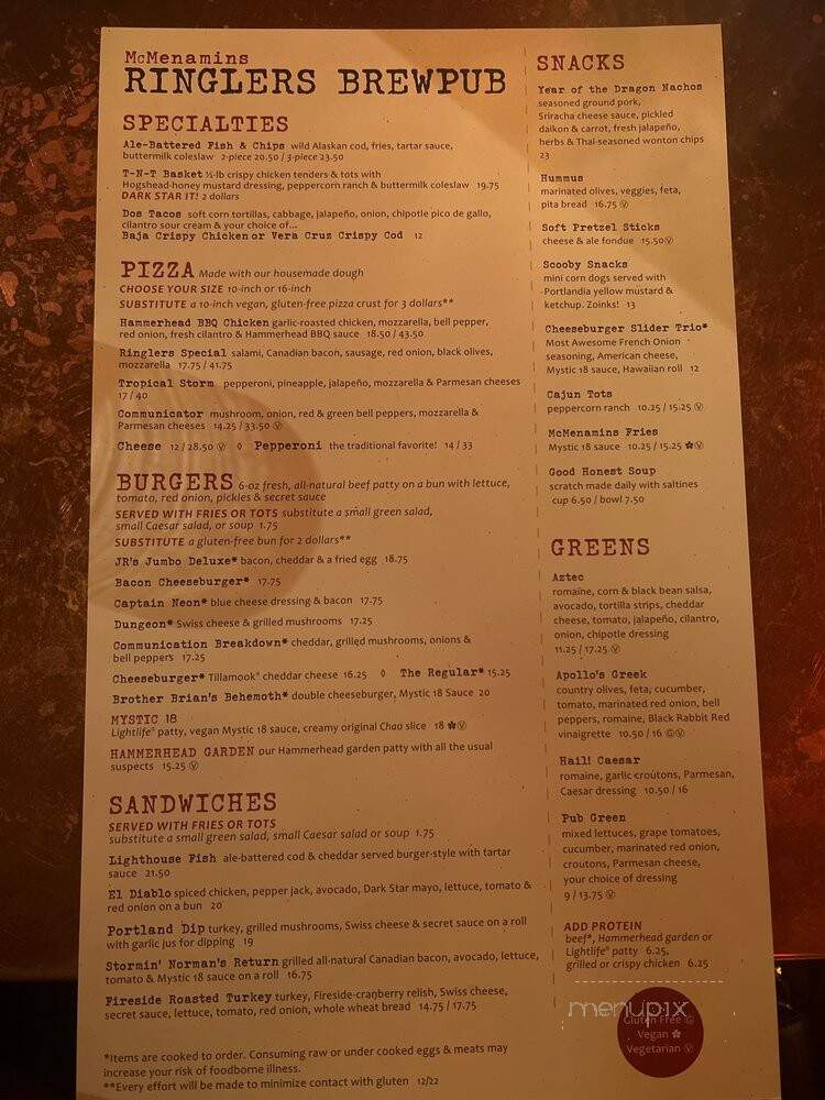 McMenamins Ringlers Pub - Portland, OR menu_pic