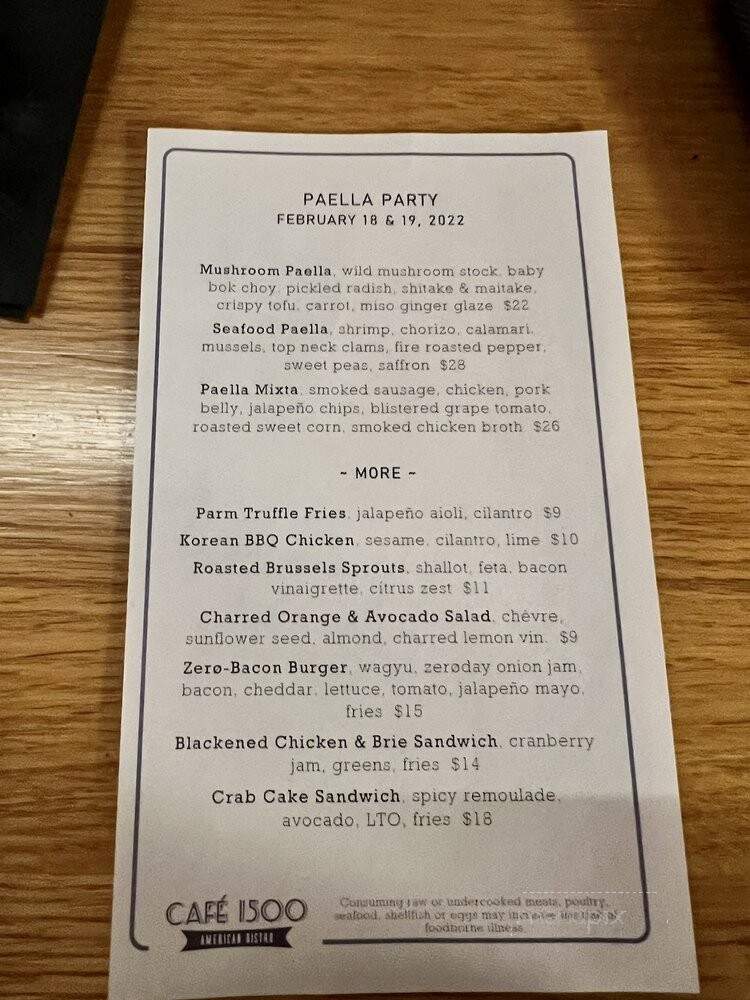 Cafe 1500 - Harrisburg, PA menu_pic