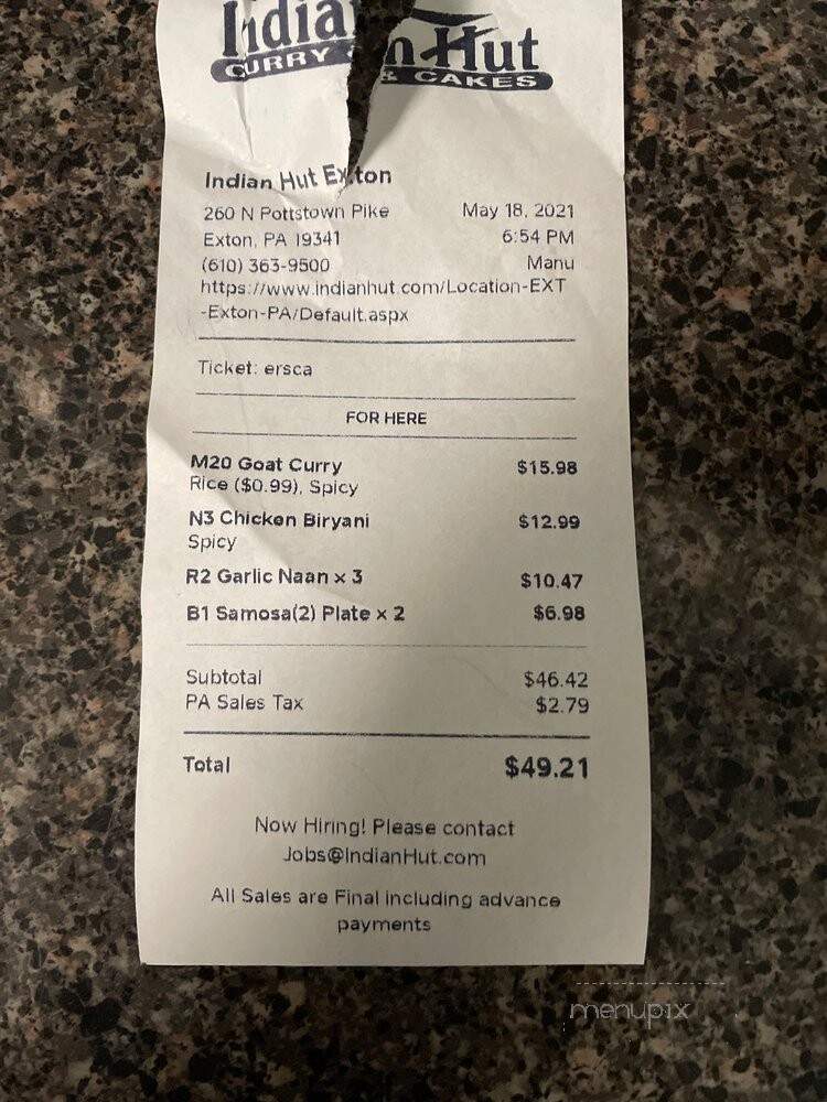 Indian Hut of Exton - Exton, PA menu_pic