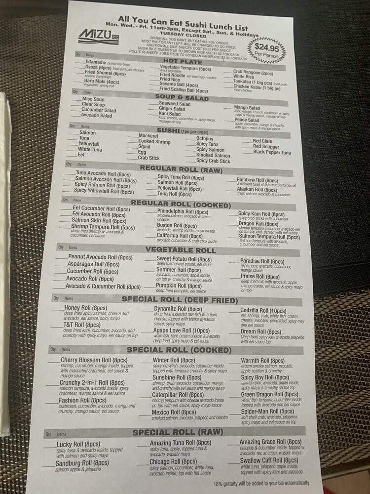 Mizu Sushi House - Palos Park, IL menu_pic