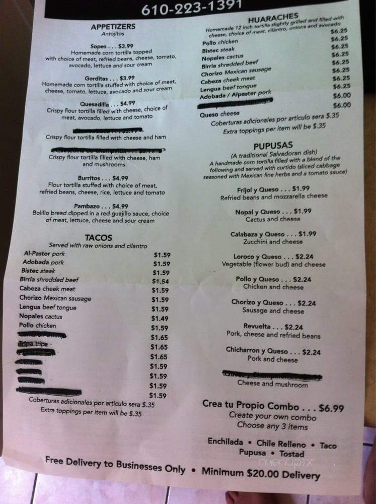 Taqueria Jimenez - Reading, PA menu_pic
